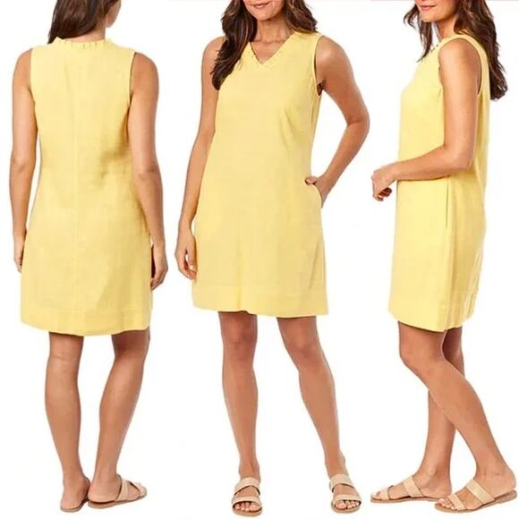 Briggs Linen Blend Beachy Ruffle V Neck Pocket Shift Dress Pastel Yellow Medium - Picture 1 of 5